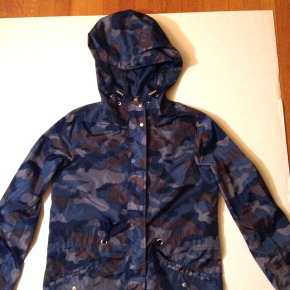 Camo Jacket Windbreaker Womens L Blue Brown Waxy Lightweight Hooded Gorpcore - Picture 3 of 12